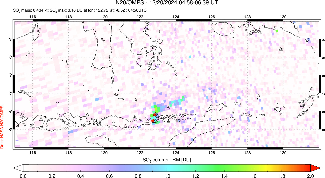 A sulfur dioxide image over Lesser Sunda Islands, Indonesia on Dec 20, 2024.