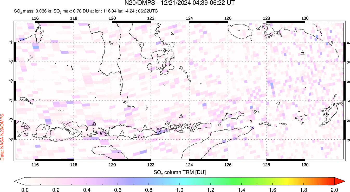 A sulfur dioxide image over Lesser Sunda Islands, Indonesia on Dec 21, 2024.