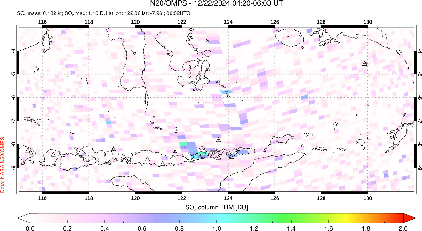 A sulfur dioxide image over Lesser Sunda Islands, Indonesia on Dec 22, 2024.