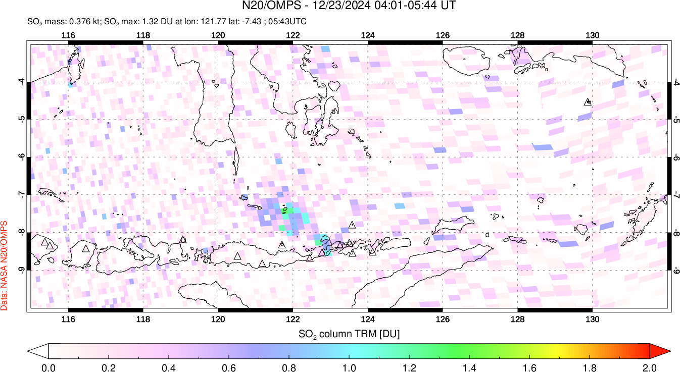 A sulfur dioxide image over Lesser Sunda Islands, Indonesia on Dec 23, 2024.