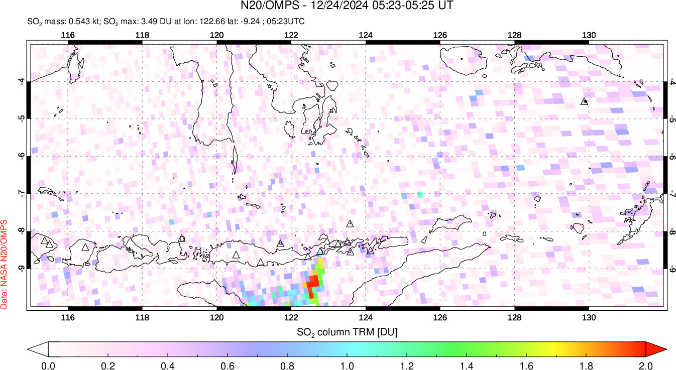 A sulfur dioxide image over Lesser Sunda Islands, Indonesia on Dec 24, 2024.