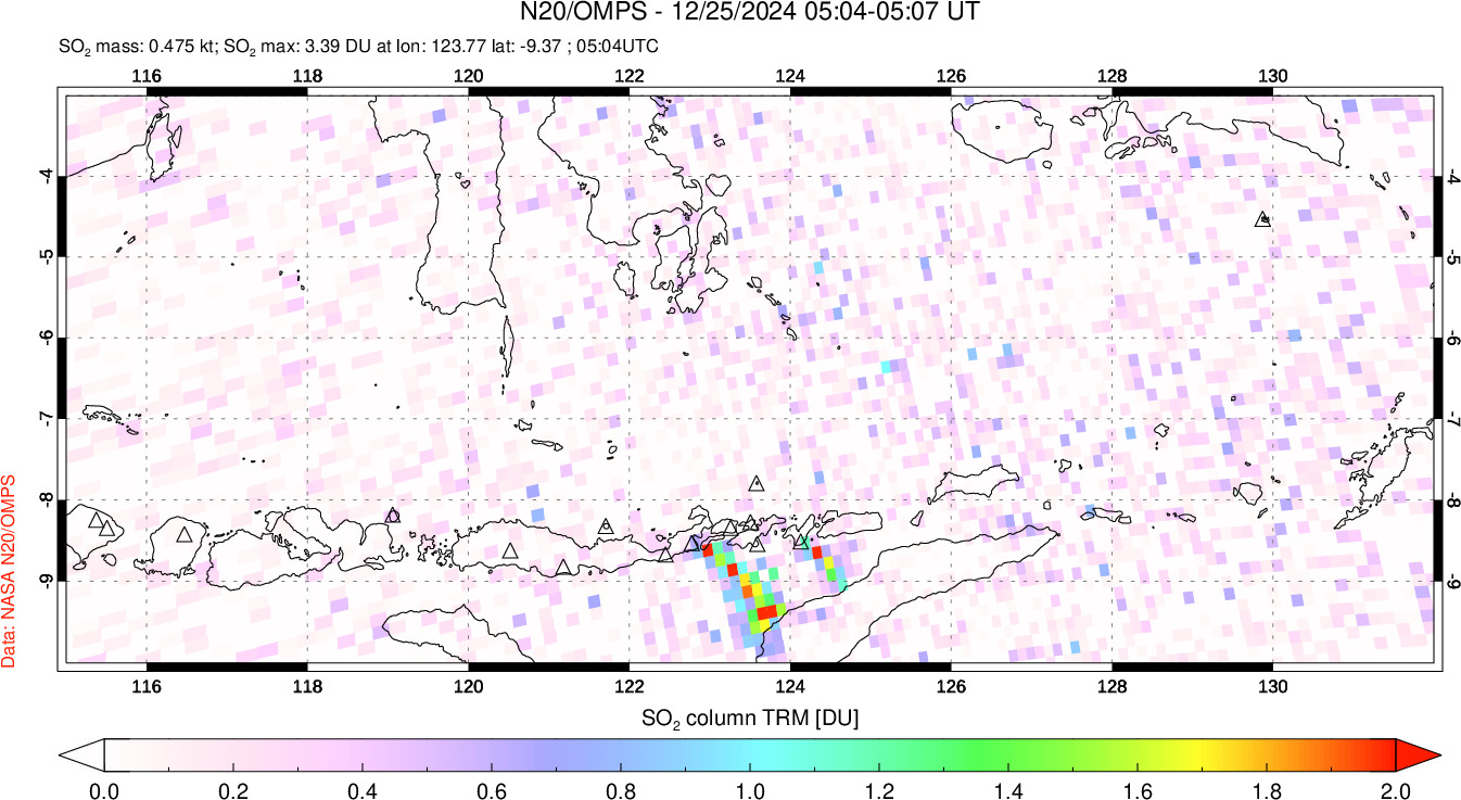 A sulfur dioxide image over Lesser Sunda Islands, Indonesia on Dec 25, 2024.