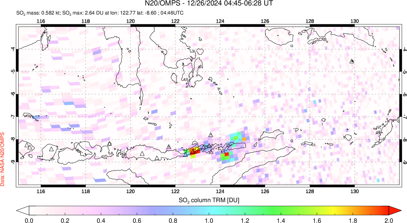 A sulfur dioxide image over Lesser Sunda Islands, Indonesia on Dec 26, 2024.