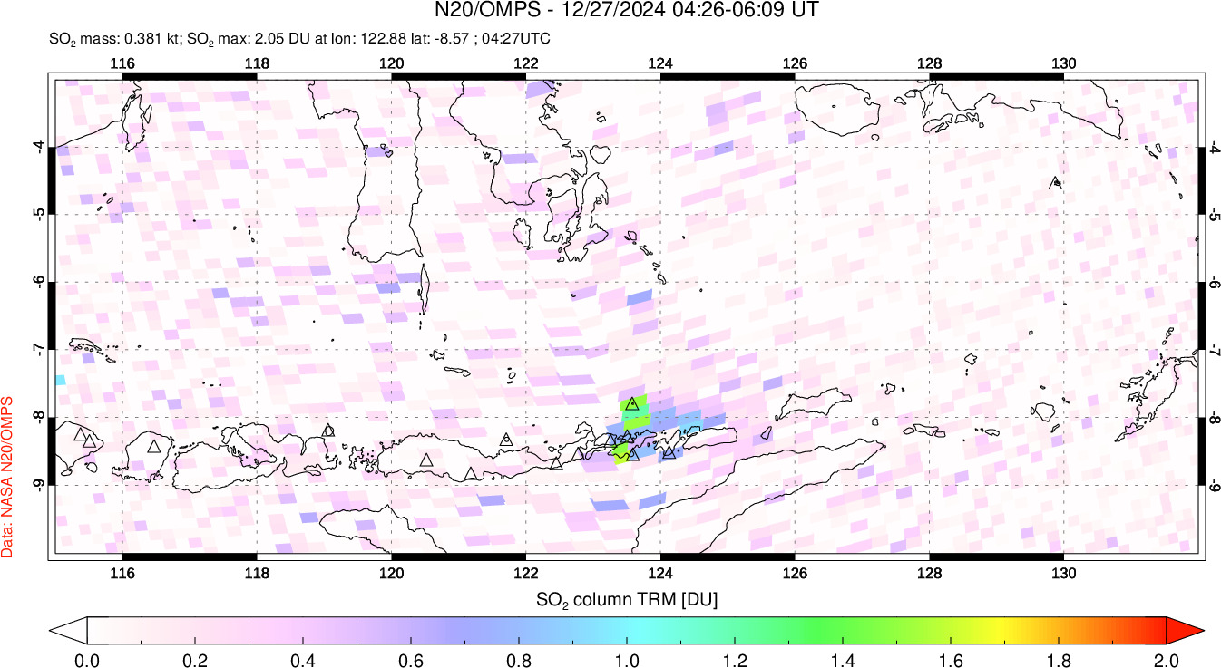 A sulfur dioxide image over Lesser Sunda Islands, Indonesia on Dec 27, 2024.