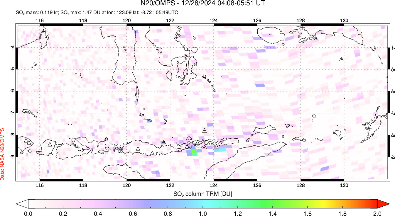 A sulfur dioxide image over Lesser Sunda Islands, Indonesia on Dec 28, 2024.