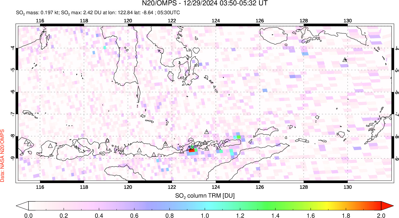 A sulfur dioxide image over Lesser Sunda Islands, Indonesia on Dec 29, 2024.