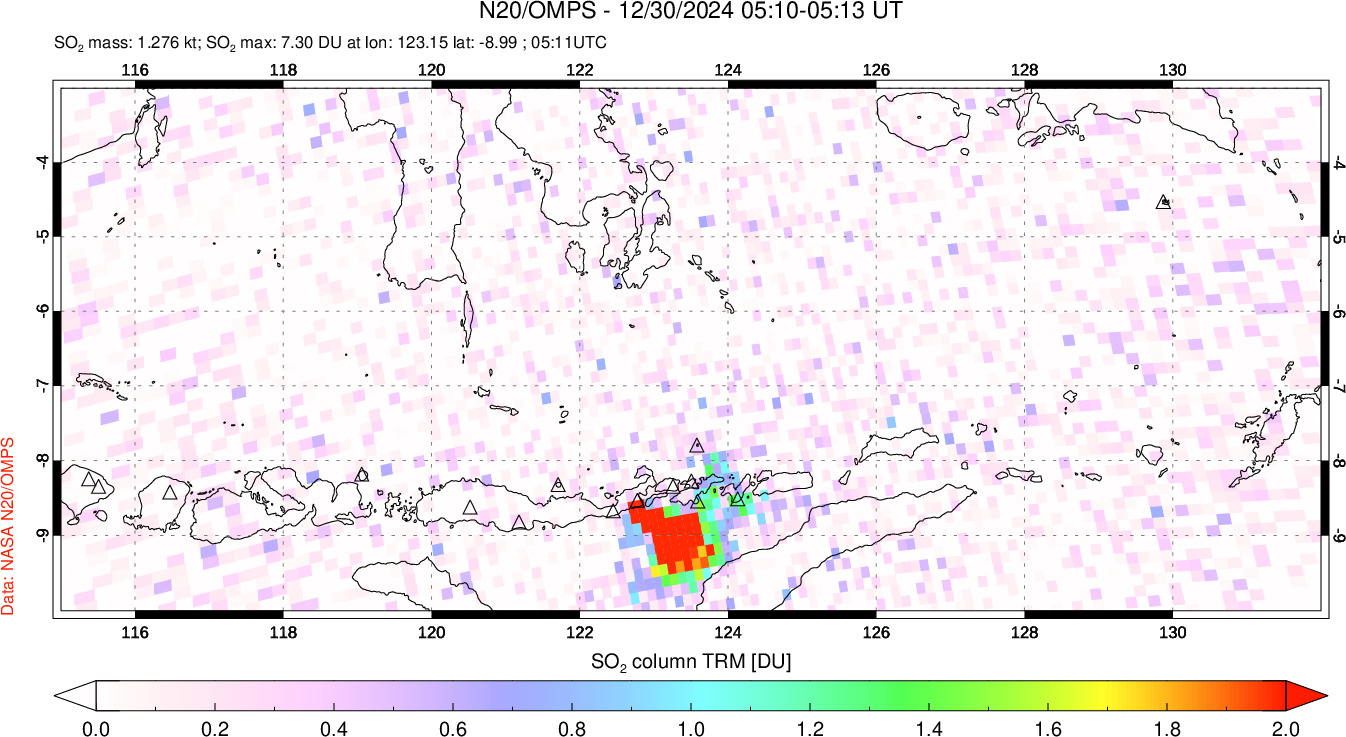 A sulfur dioxide image over Lesser Sunda Islands, Indonesia on Dec 30, 2024.