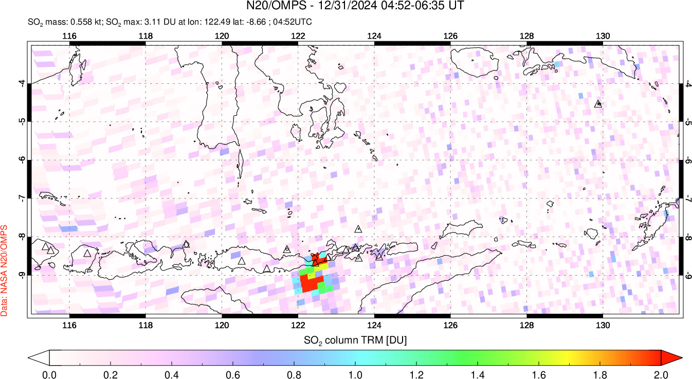 A sulfur dioxide image over Lesser Sunda Islands, Indonesia on Dec 31, 2024.