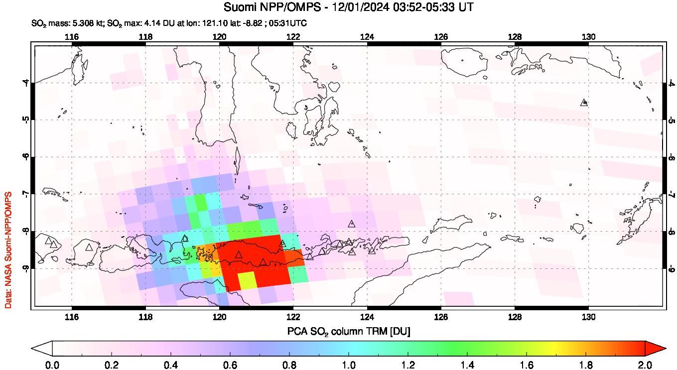 A sulfur dioxide image over Lesser Sunda Islands, Indonesia on Dec 01, 2024.