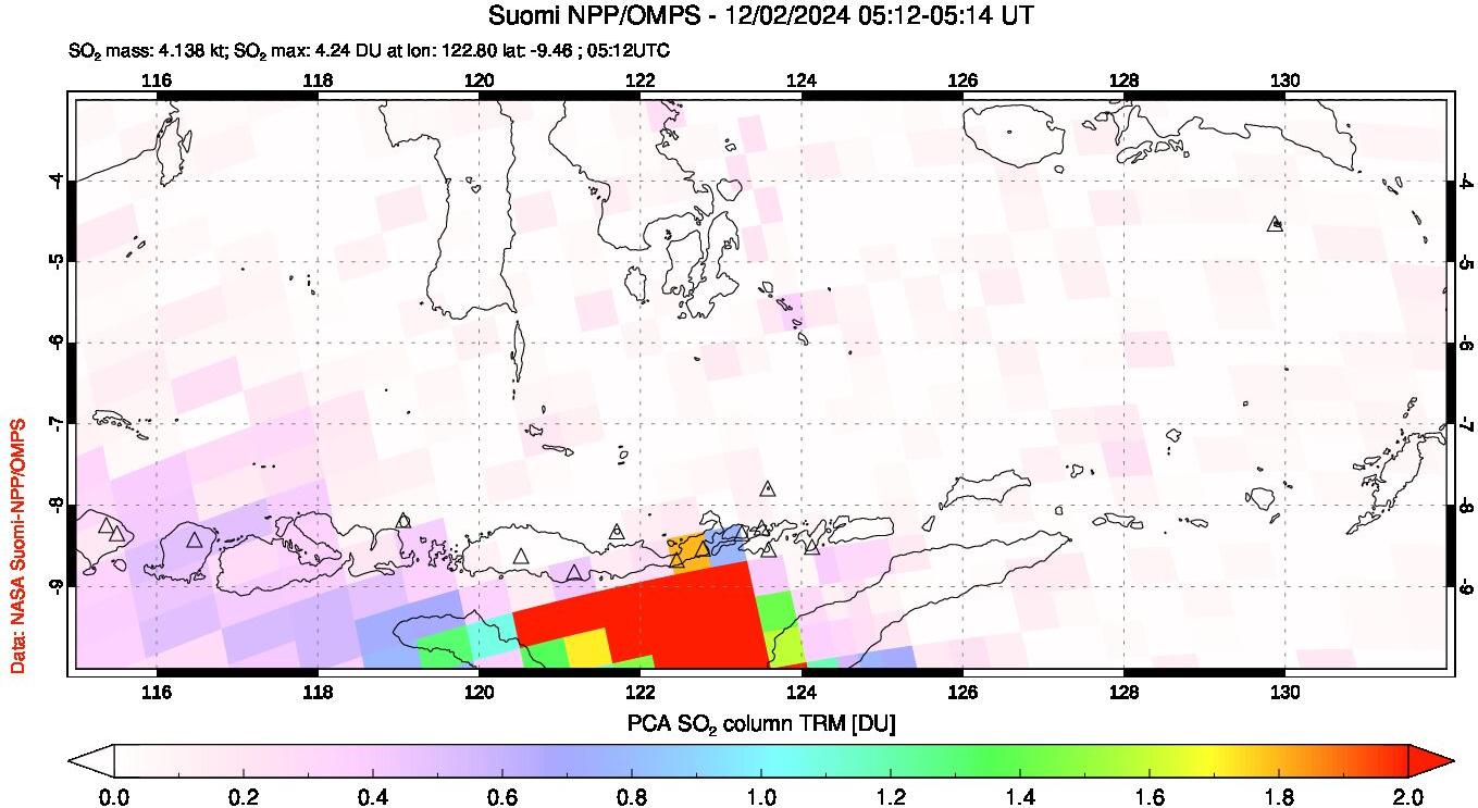 A sulfur dioxide image over Lesser Sunda Islands, Indonesia on Dec 02, 2024.