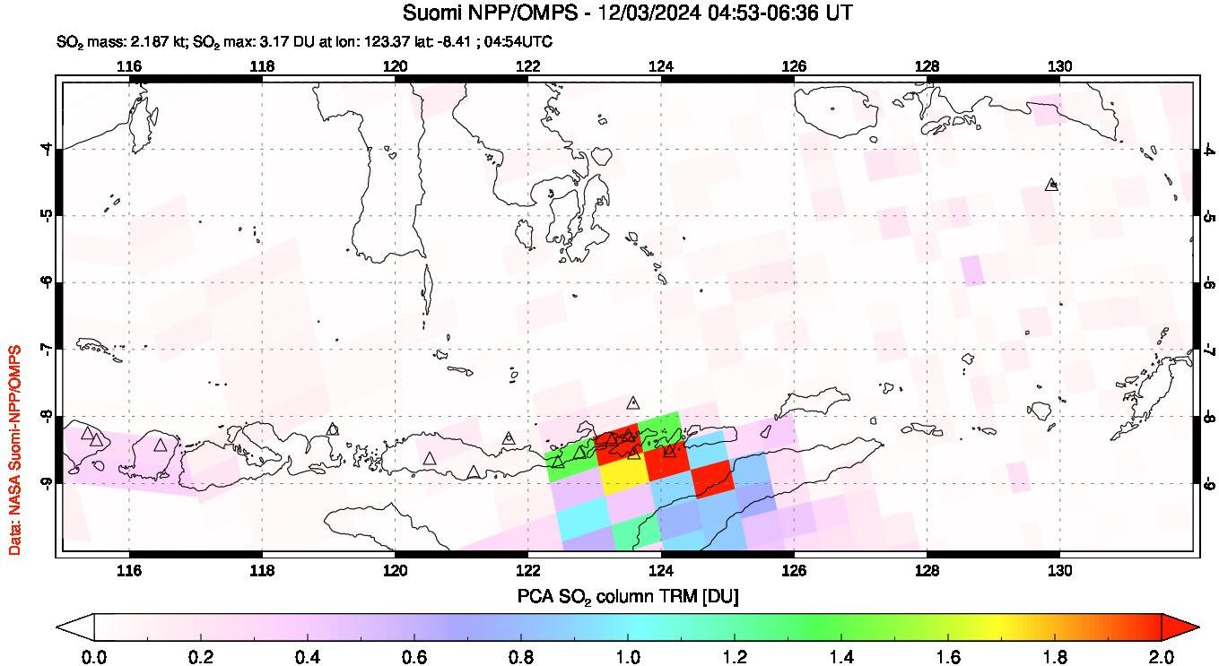 A sulfur dioxide image over Lesser Sunda Islands, Indonesia on Dec 03, 2024.