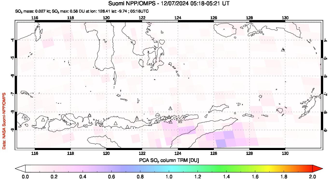 A sulfur dioxide image over Lesser Sunda Islands, Indonesia on Dec 07, 2024.