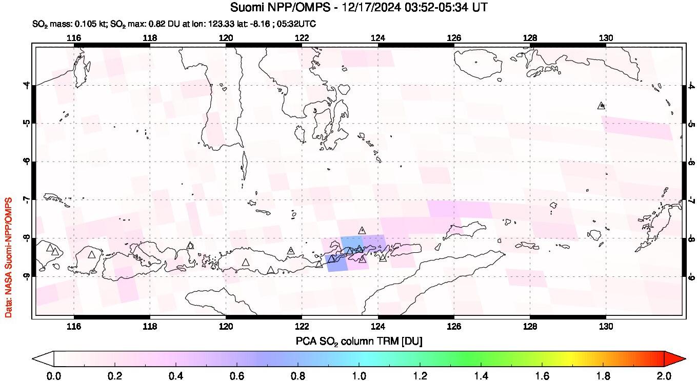 A sulfur dioxide image over Lesser Sunda Islands, Indonesia on Dec 17, 2024.