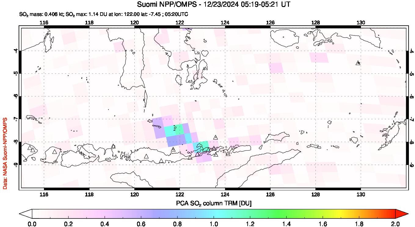 A sulfur dioxide image over Lesser Sunda Islands, Indonesia on Dec 23, 2024.