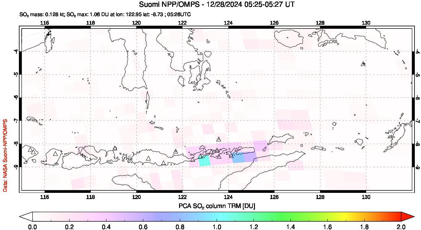 A sulfur dioxide image over Lesser Sunda Islands, Indonesia on Dec 28, 2024.