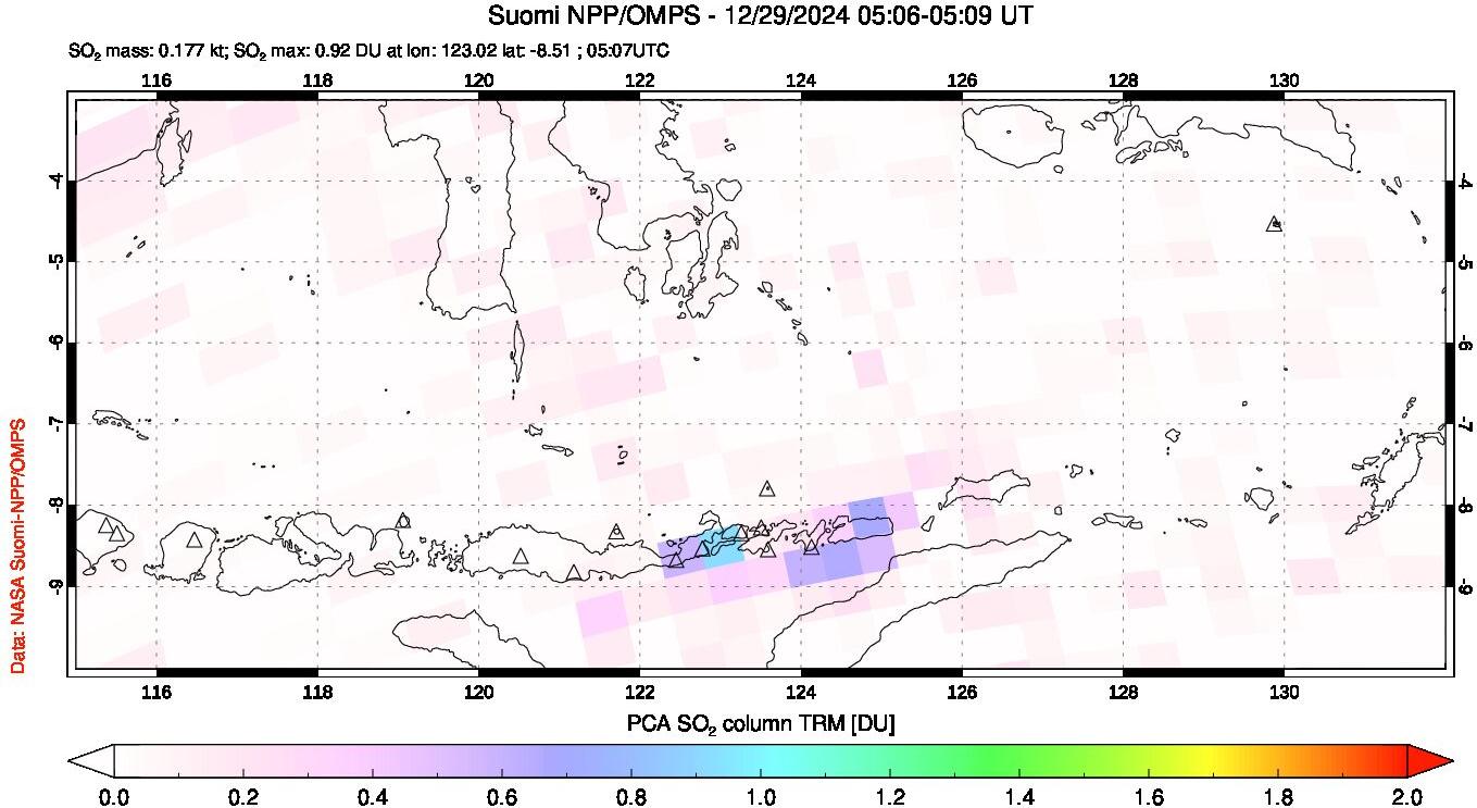 A sulfur dioxide image over Lesser Sunda Islands, Indonesia on Dec 29, 2024.