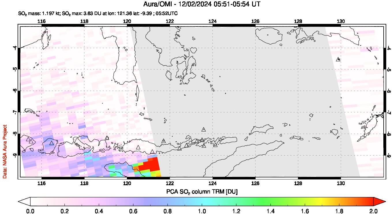 A sulfur dioxide image over Lesser Sunda Islands, Indonesia on Dec 02, 2024.