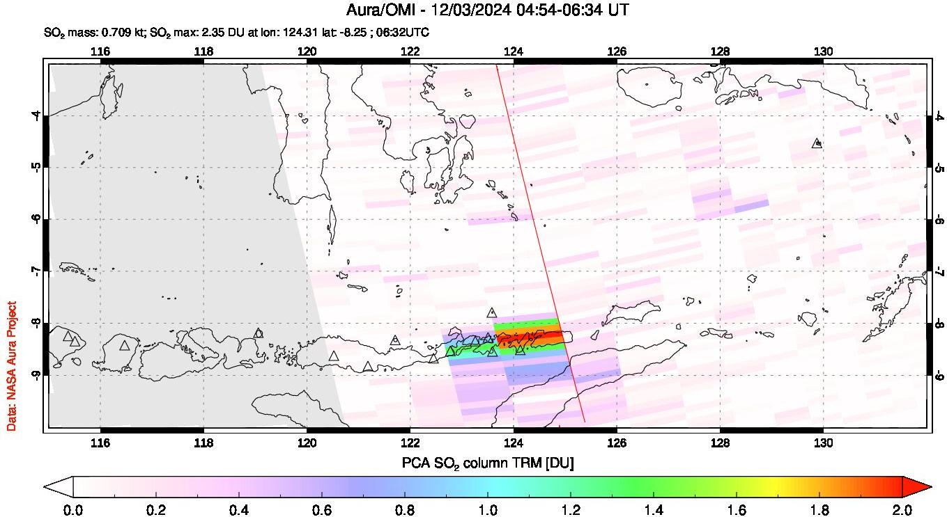 A sulfur dioxide image over Lesser Sunda Islands, Indonesia on Dec 03, 2024.