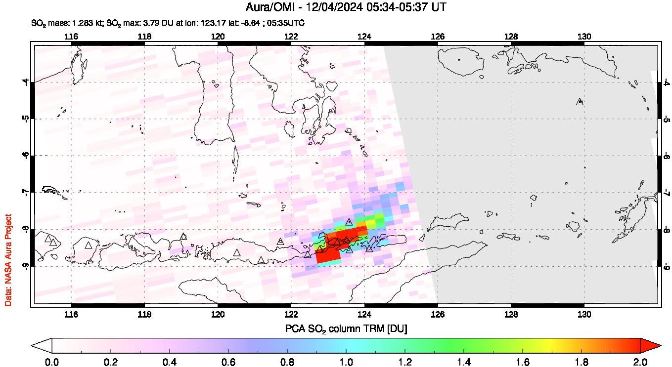 A sulfur dioxide image over Lesser Sunda Islands, Indonesia on Dec 04, 2024.