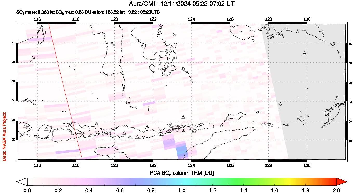 A sulfur dioxide image over Lesser Sunda Islands, Indonesia on Dec 11, 2024.