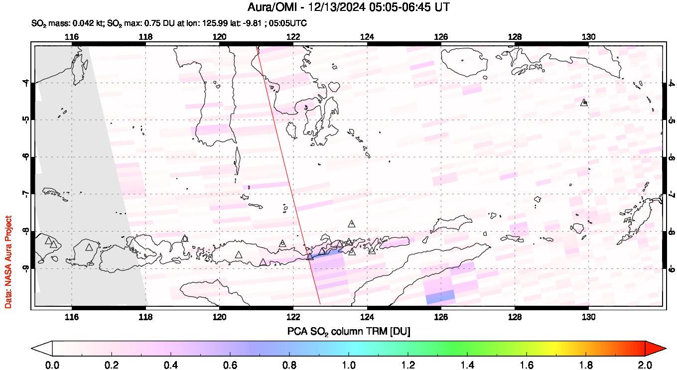 A sulfur dioxide image over Lesser Sunda Islands, Indonesia on Dec 13, 2024.