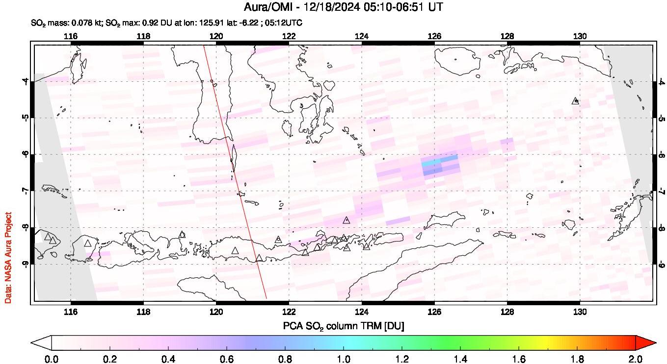 A sulfur dioxide image over Lesser Sunda Islands, Indonesia on Dec 18, 2024.