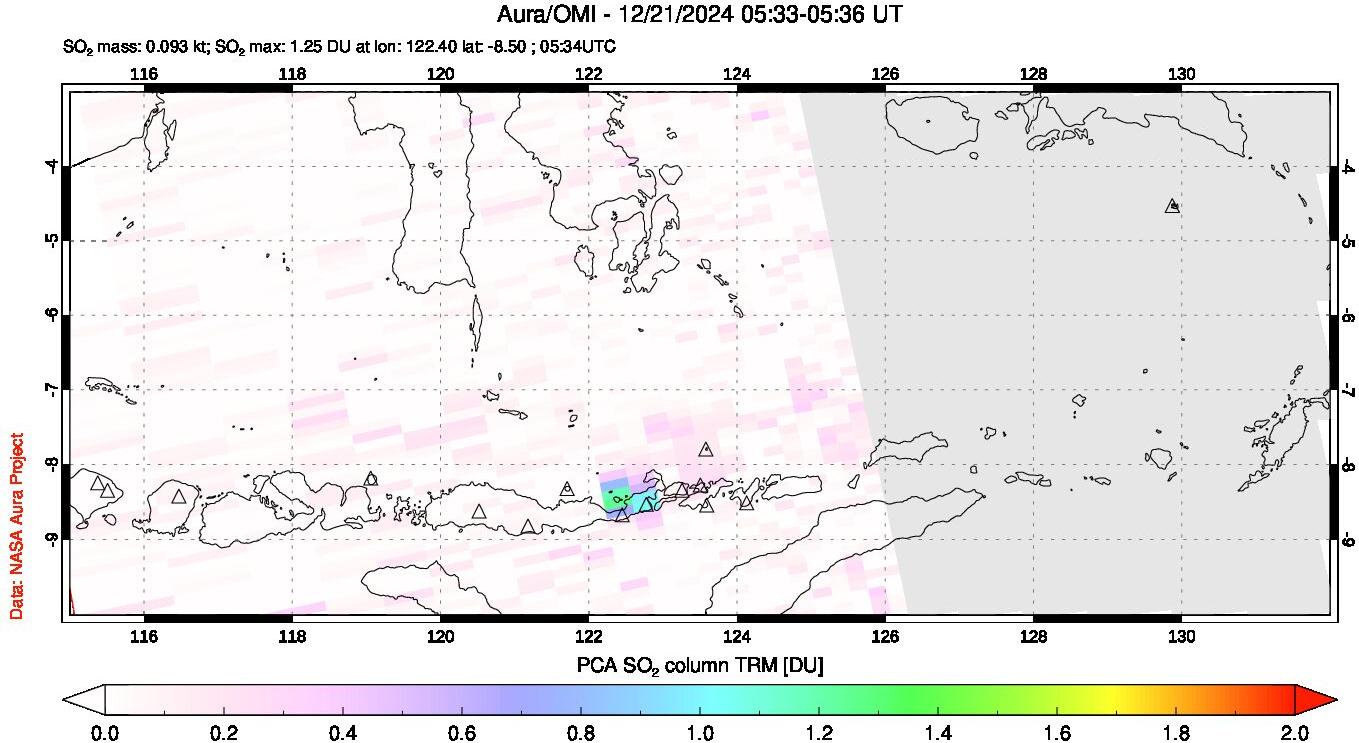 A sulfur dioxide image over Lesser Sunda Islands, Indonesia on Dec 21, 2024.