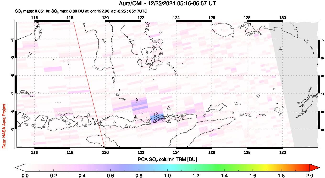 A sulfur dioxide image over Lesser Sunda Islands, Indonesia on Dec 23, 2024.