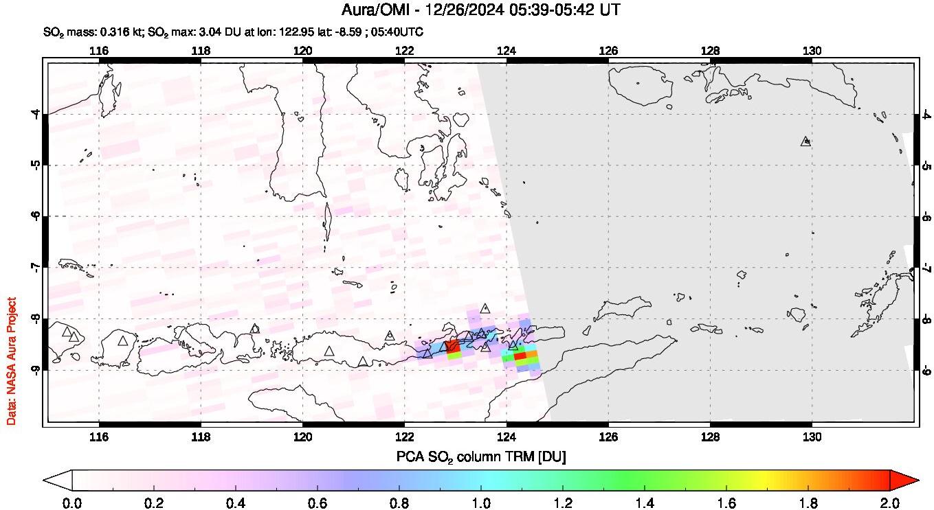 A sulfur dioxide image over Lesser Sunda Islands, Indonesia on Dec 26, 2024.