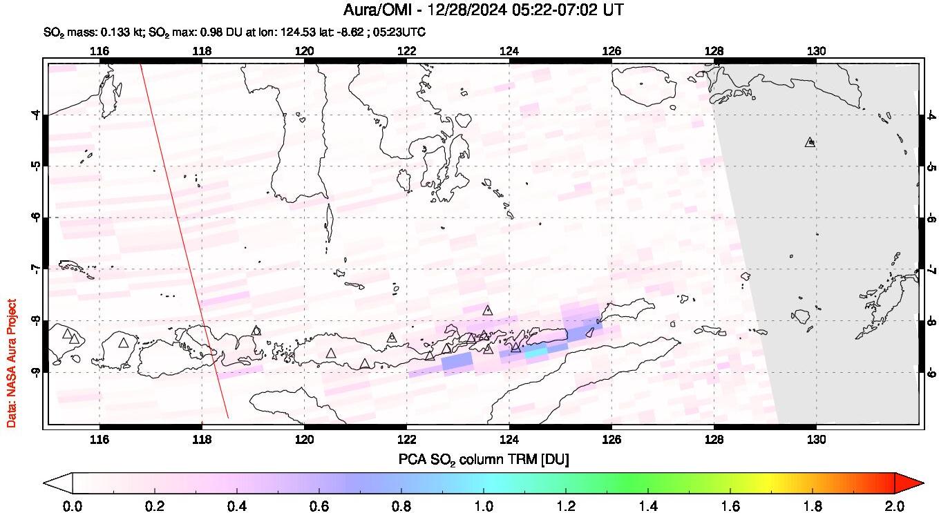 A sulfur dioxide image over Lesser Sunda Islands, Indonesia on Dec 28, 2024.