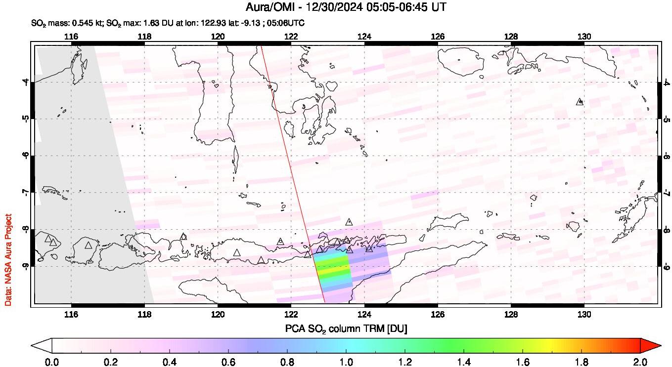 A sulfur dioxide image over Lesser Sunda Islands, Indonesia on Dec 30, 2024.