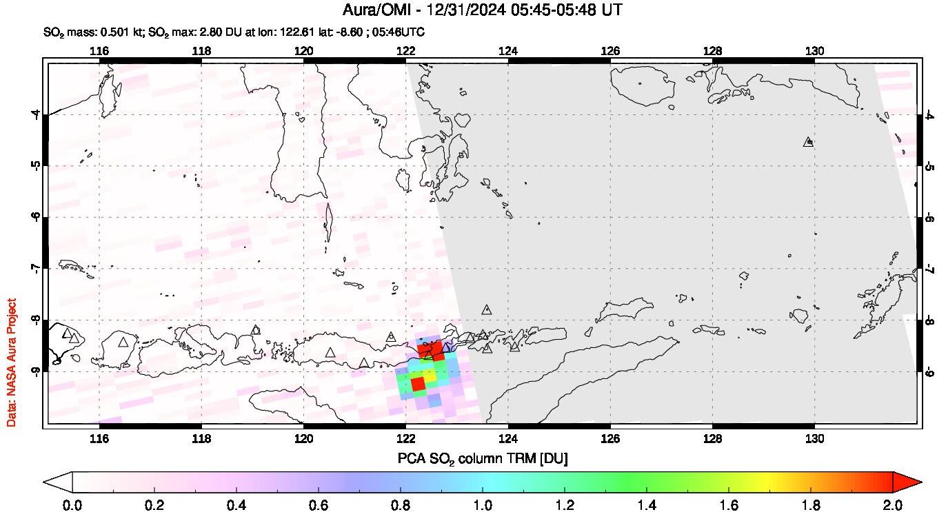 A sulfur dioxide image over Lesser Sunda Islands, Indonesia on Dec 31, 2024.