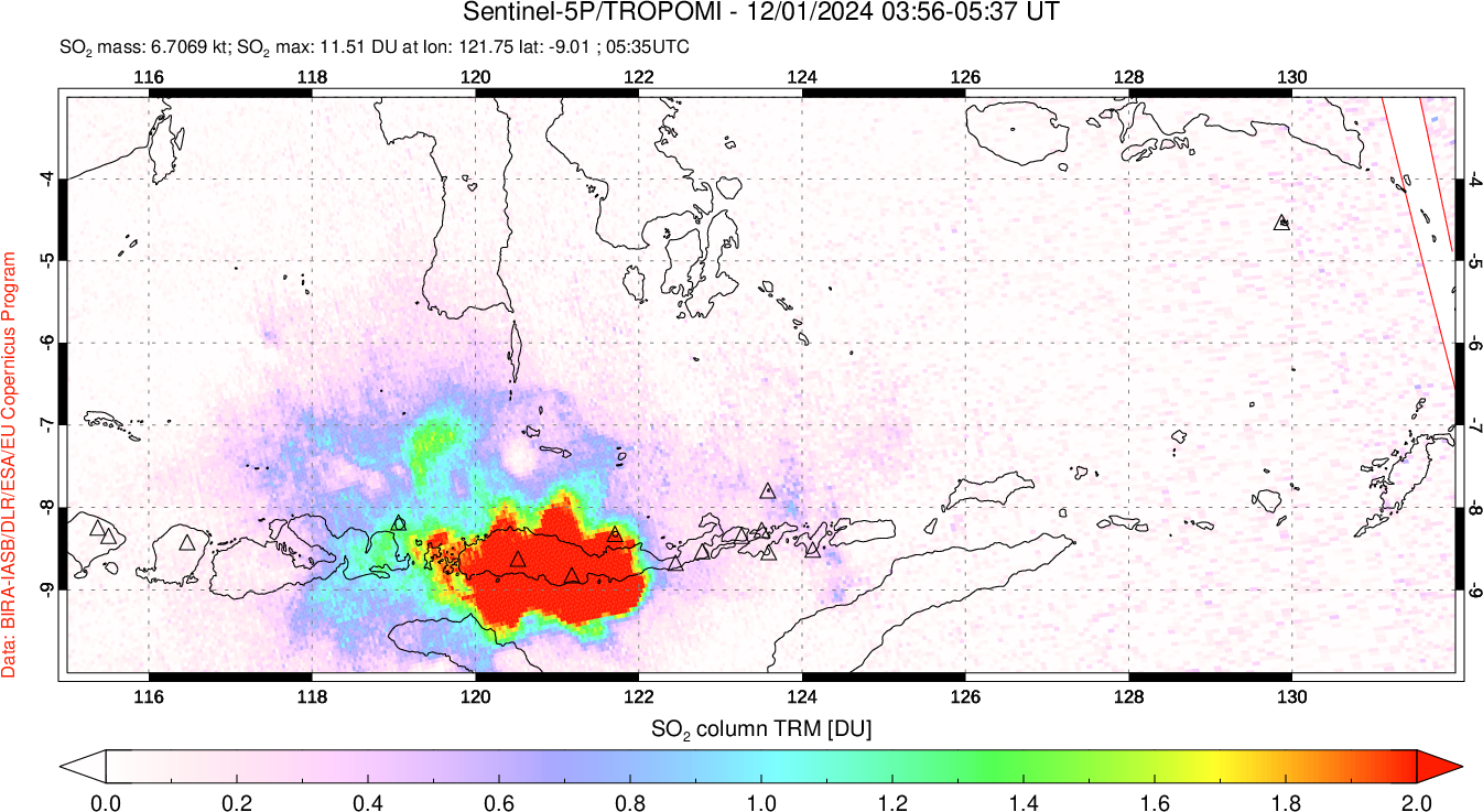 A sulfur dioxide image over Lesser Sunda Islands, Indonesia on Dec 01, 2024.