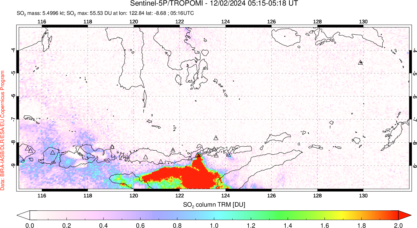 A sulfur dioxide image over Lesser Sunda Islands, Indonesia on Dec 02, 2024.