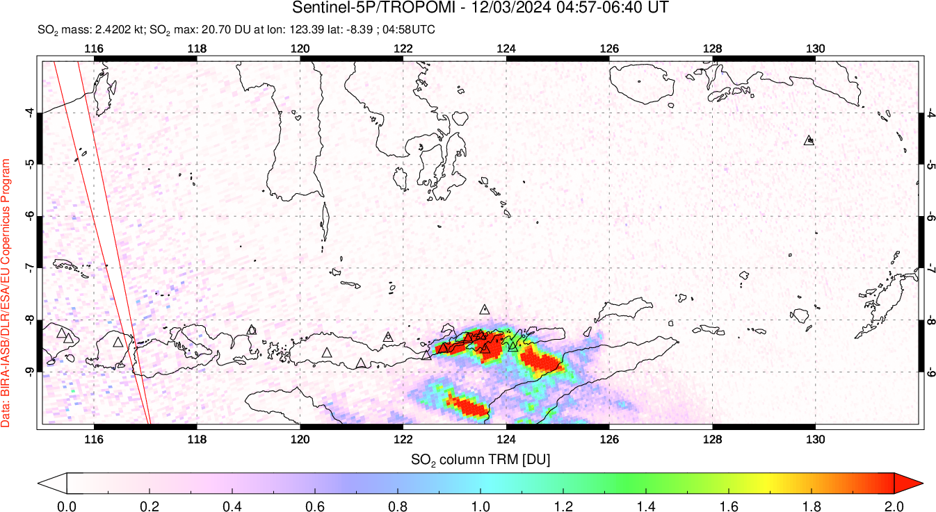 A sulfur dioxide image over Lesser Sunda Islands, Indonesia on Dec 03, 2024.