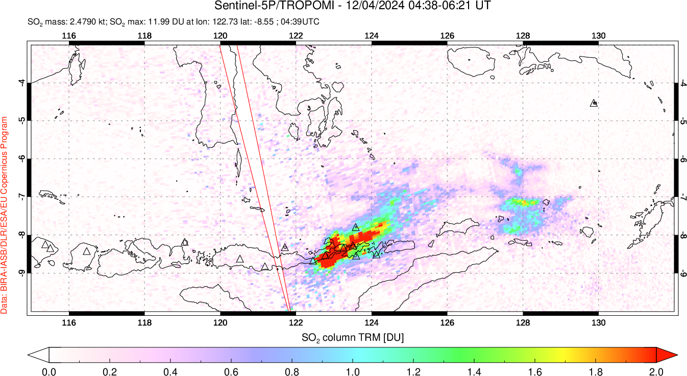 A sulfur dioxide image over Lesser Sunda Islands, Indonesia on Dec 04, 2024.