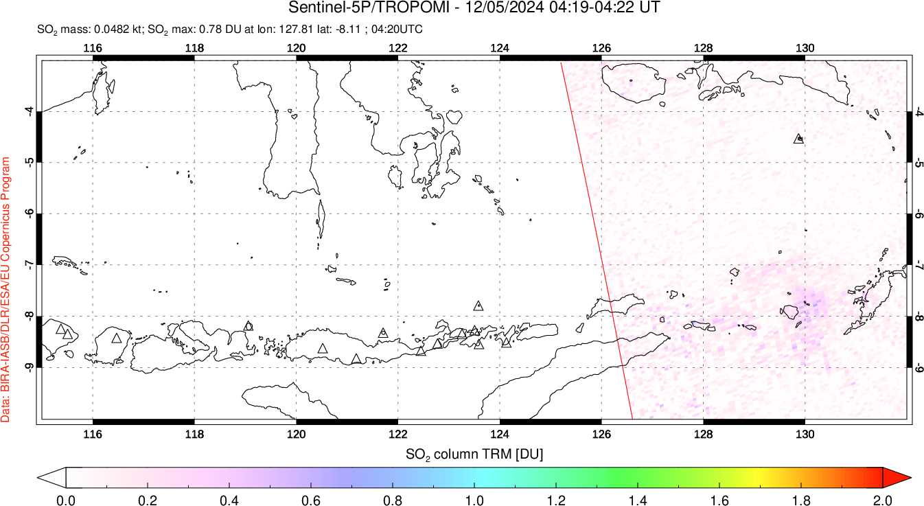 A sulfur dioxide image over Lesser Sunda Islands, Indonesia on Dec 05, 2024.