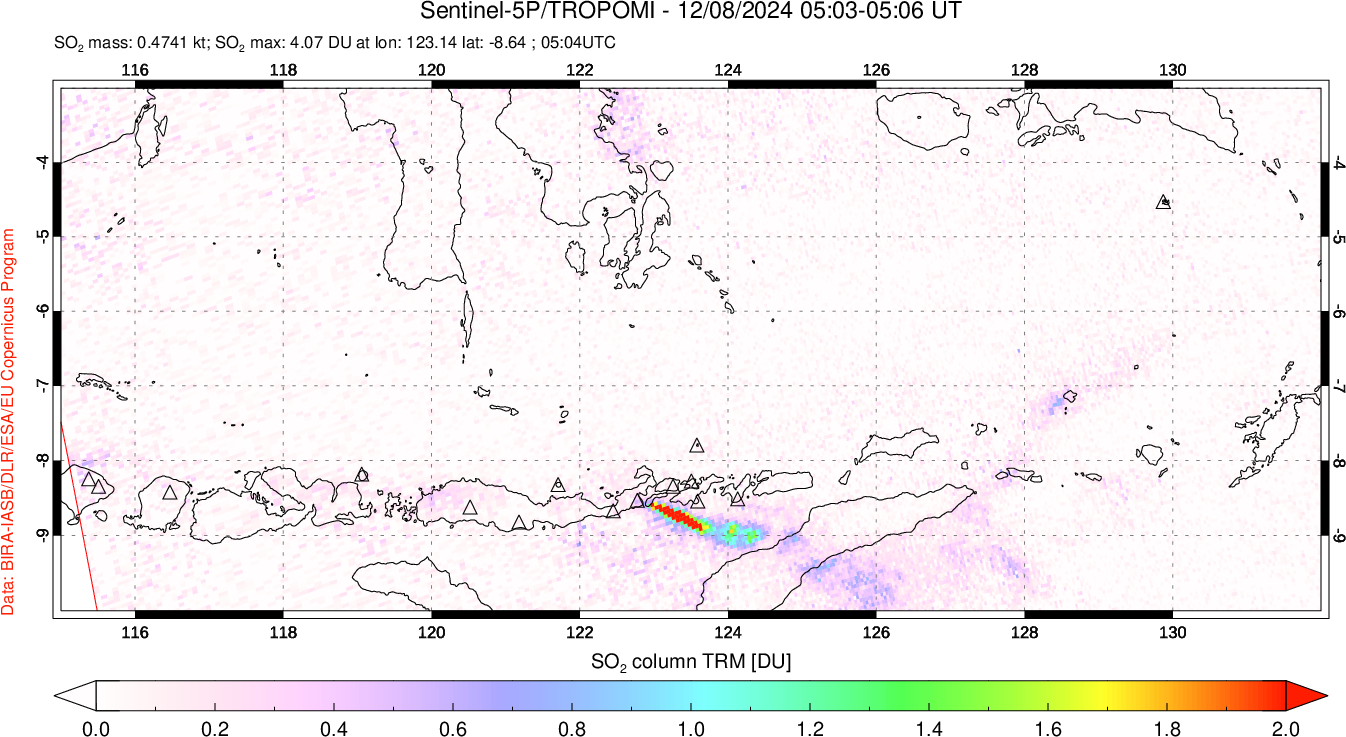 A sulfur dioxide image over Lesser Sunda Islands, Indonesia on Dec 08, 2024.