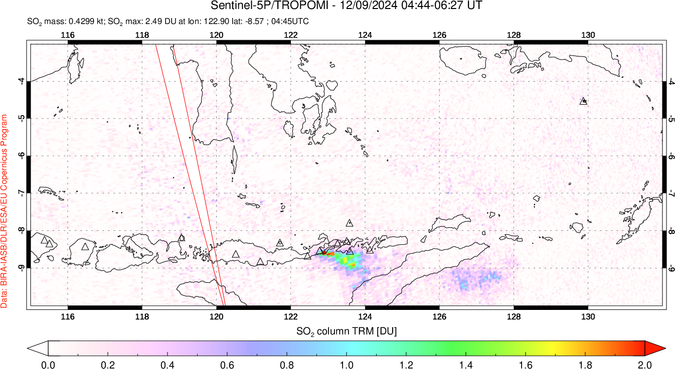 A sulfur dioxide image over Lesser Sunda Islands, Indonesia on Dec 09, 2024.