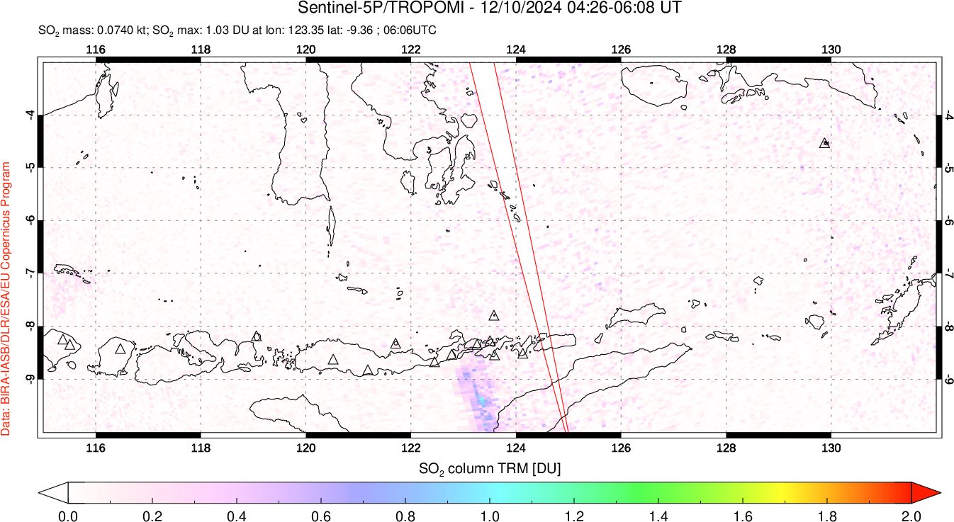 A sulfur dioxide image over Lesser Sunda Islands, Indonesia on Dec 10, 2024.