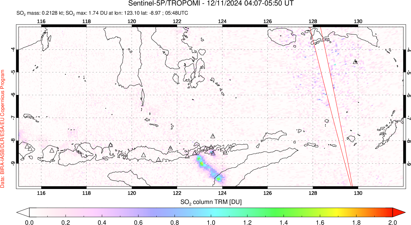 A sulfur dioxide image over Lesser Sunda Islands, Indonesia on Dec 11, 2024.