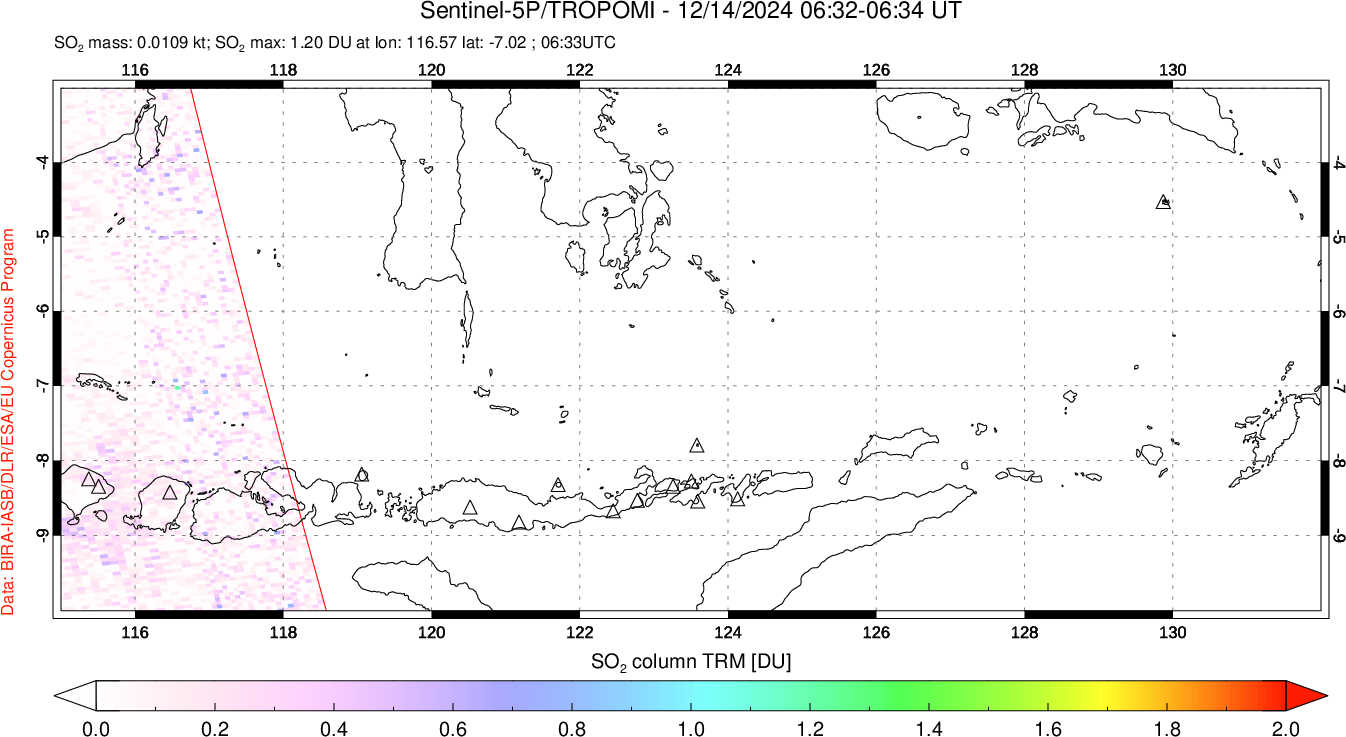 A sulfur dioxide image over Lesser Sunda Islands, Indonesia on Dec 14, 2024.