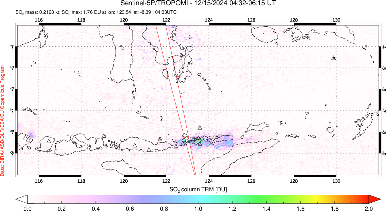 A sulfur dioxide image over Lesser Sunda Islands, Indonesia on Dec 15, 2024.