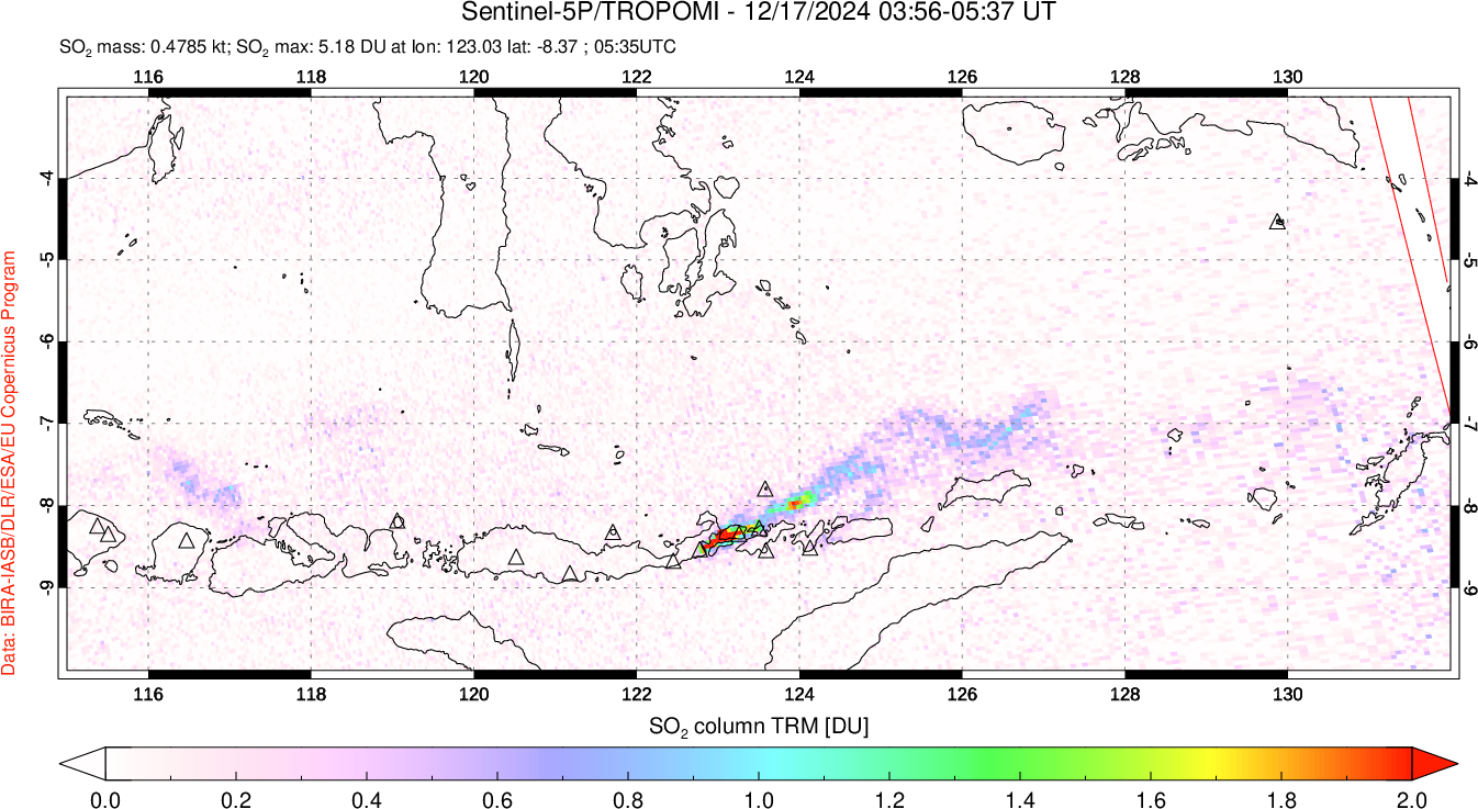 A sulfur dioxide image over Lesser Sunda Islands, Indonesia on Dec 17, 2024.