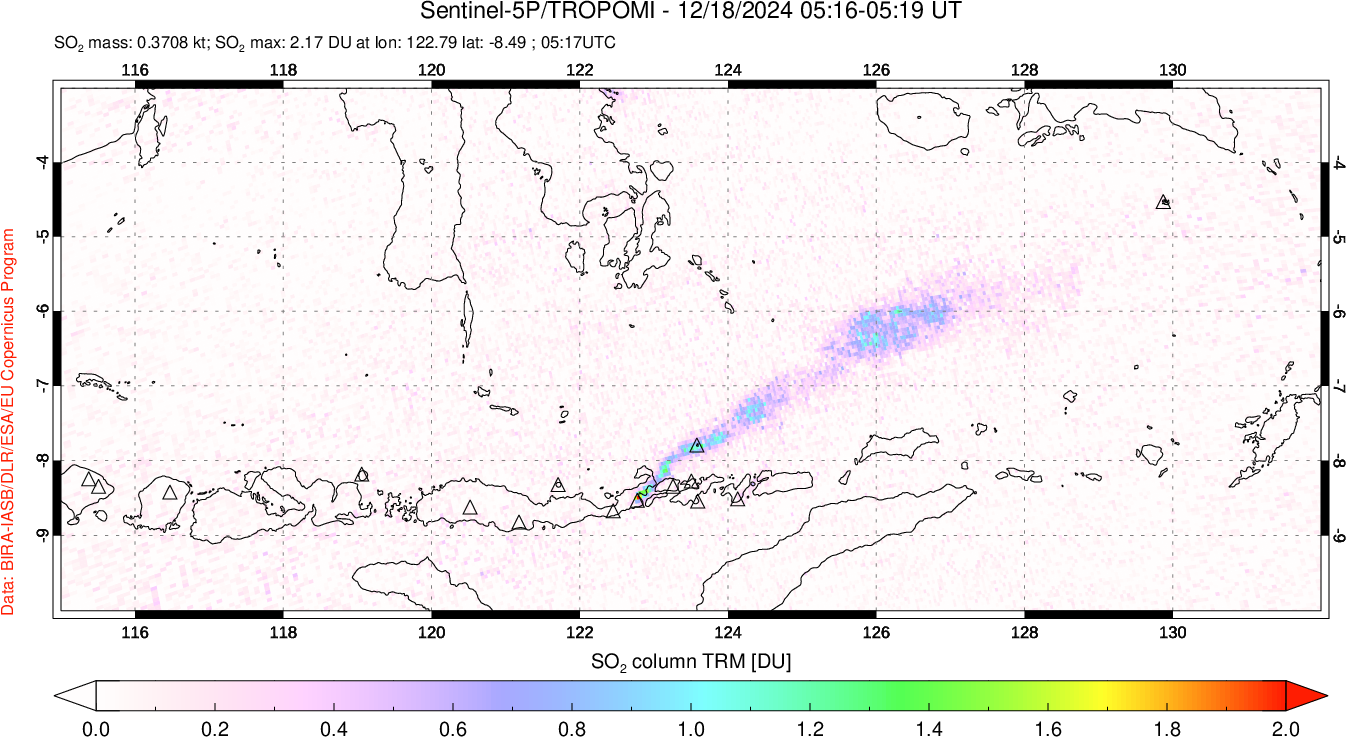 A sulfur dioxide image over Lesser Sunda Islands, Indonesia on Dec 18, 2024.