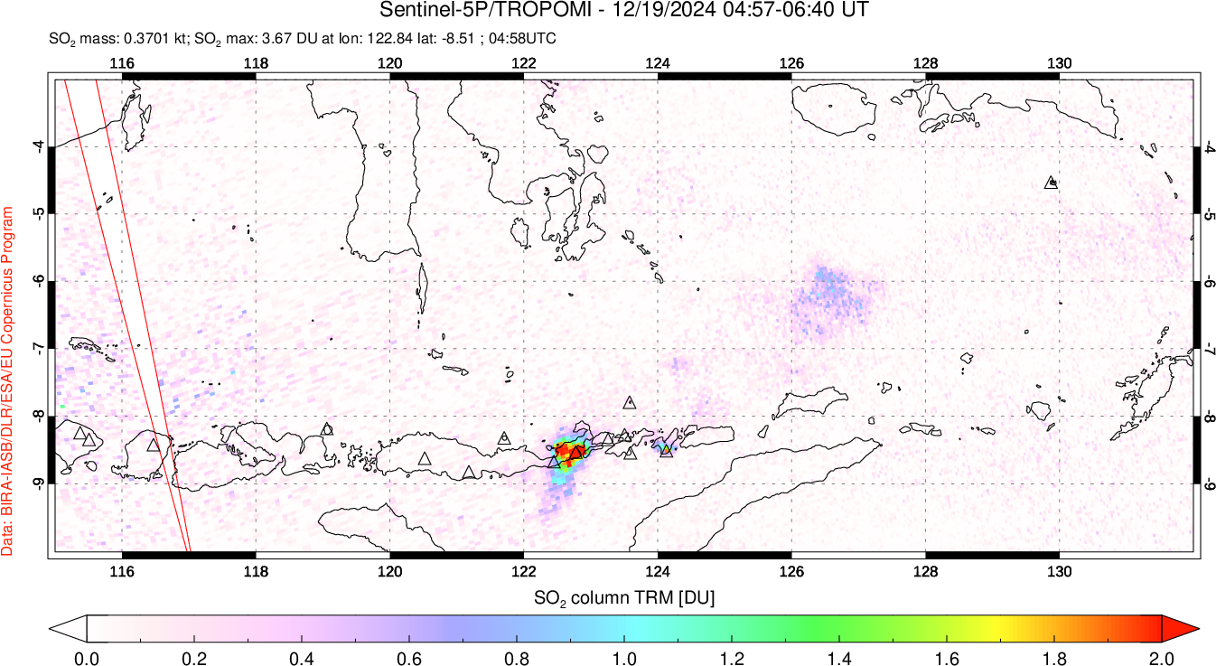 A sulfur dioxide image over Lesser Sunda Islands, Indonesia on Dec 19, 2024.