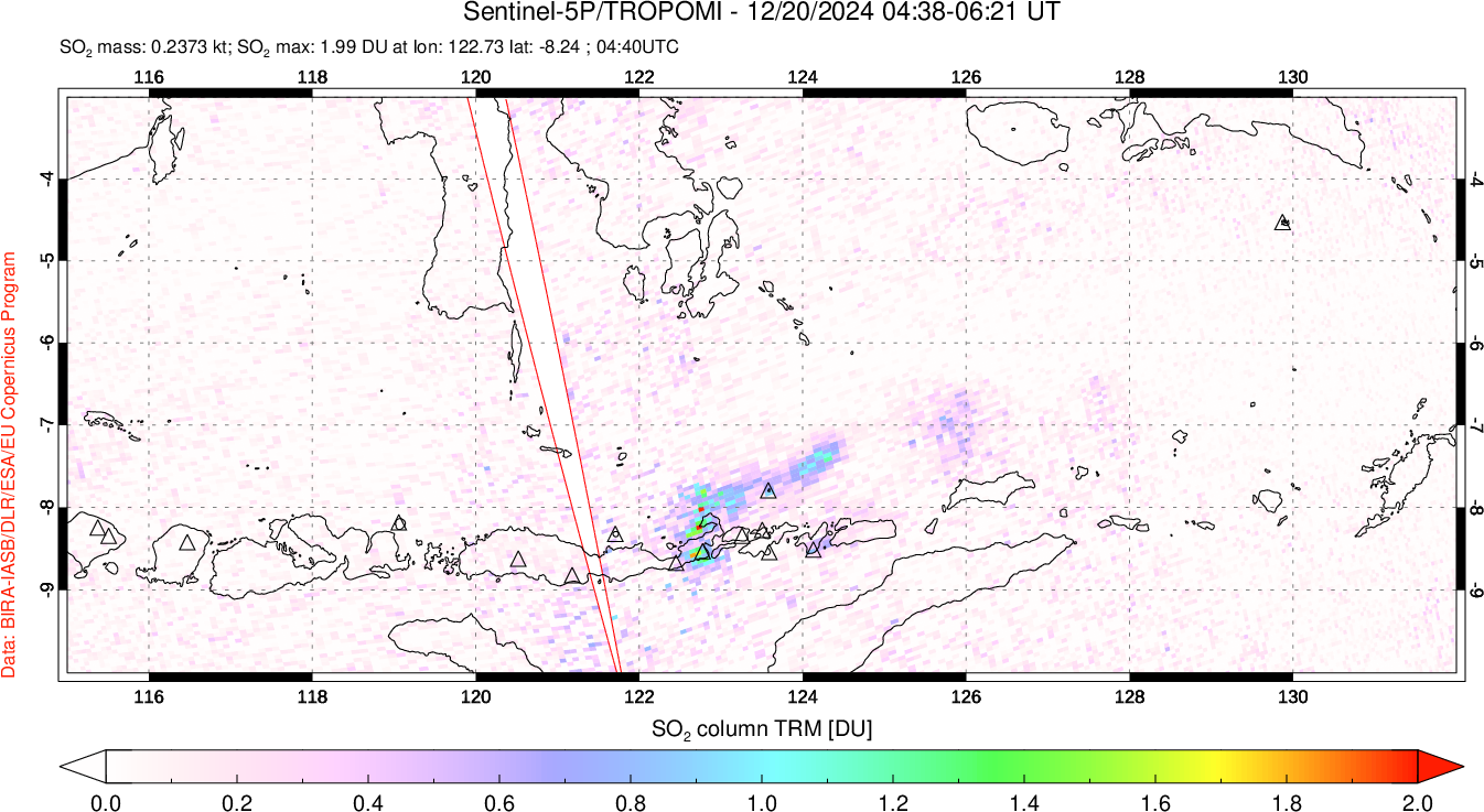 A sulfur dioxide image over Lesser Sunda Islands, Indonesia on Dec 20, 2024.