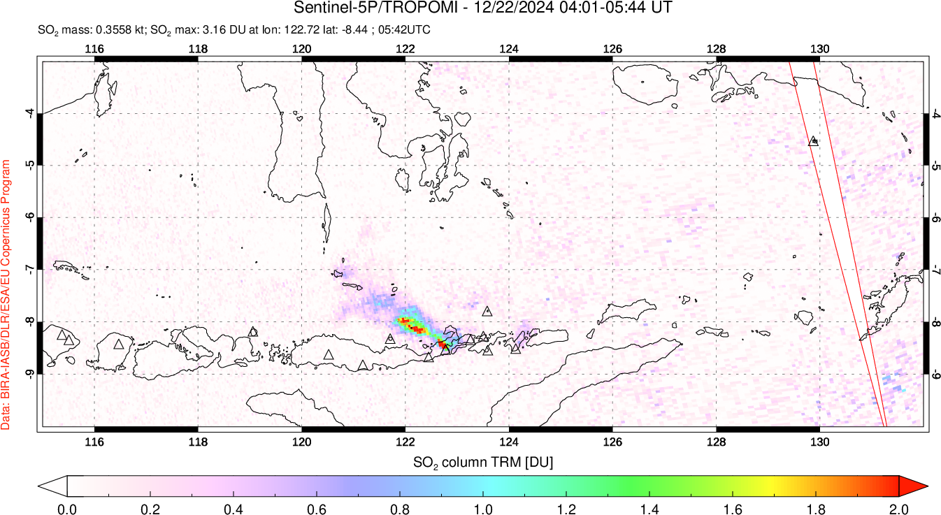 A sulfur dioxide image over Lesser Sunda Islands, Indonesia on Dec 22, 2024.