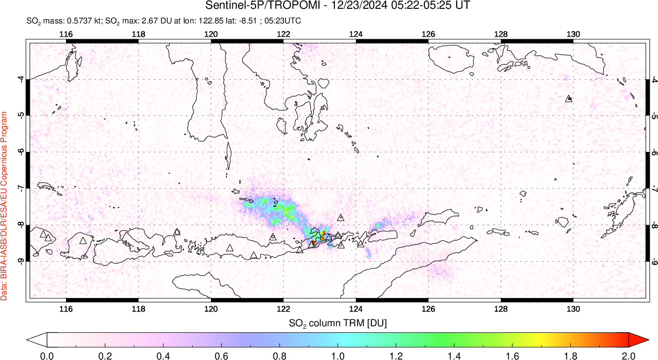 A sulfur dioxide image over Lesser Sunda Islands, Indonesia on Dec 23, 2024.