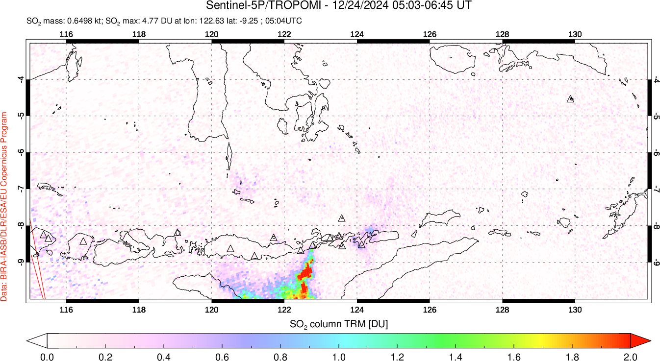 A sulfur dioxide image over Lesser Sunda Islands, Indonesia on Dec 24, 2024.